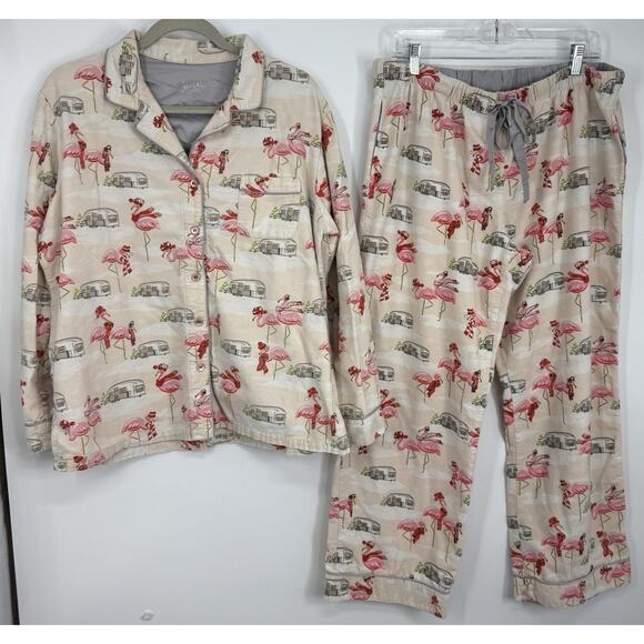 Nick Nora Flamingo Airstream Camper Trailer Pink Flannel Pajamas Women Size XL - Picture 11 of 11